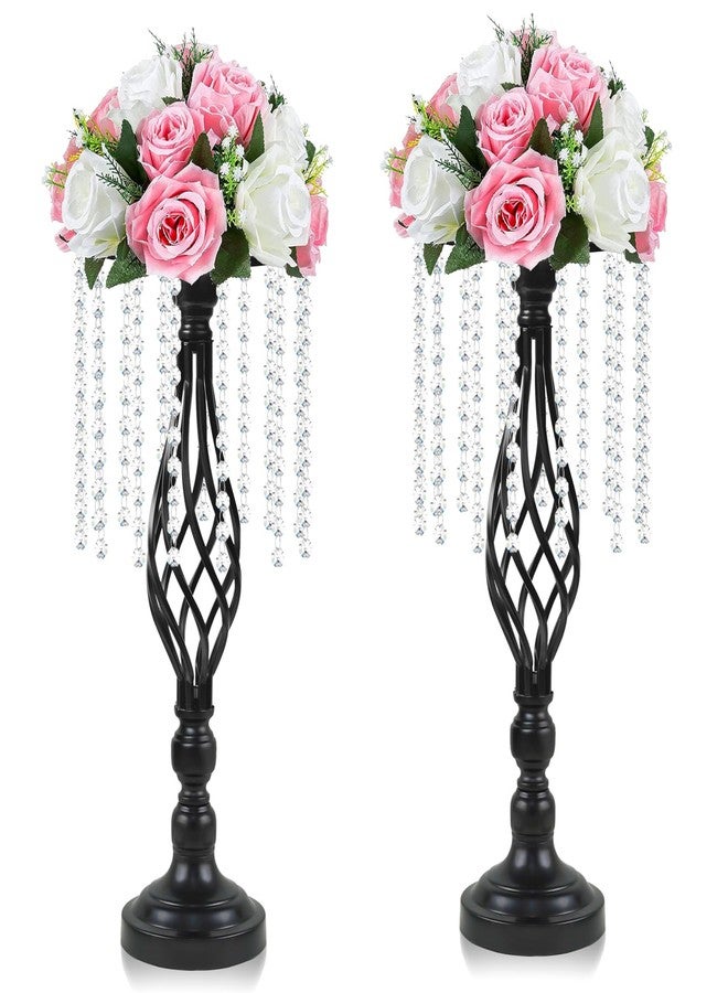 kehail 2 pcs Black Metal Crystal Pendant Flower Stand, 19" Wedding Tall Vase, Metal Hollow for Wedding Banquet Event Anniversary Celebration Decoration - Image 1